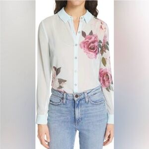 NWT Ted Baker Sheer Floral Button-Down Blouse - Light Blue/Pink